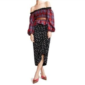 Tanya Taylor Red Multi Smocked Crop Blouse with Leather Accents 2